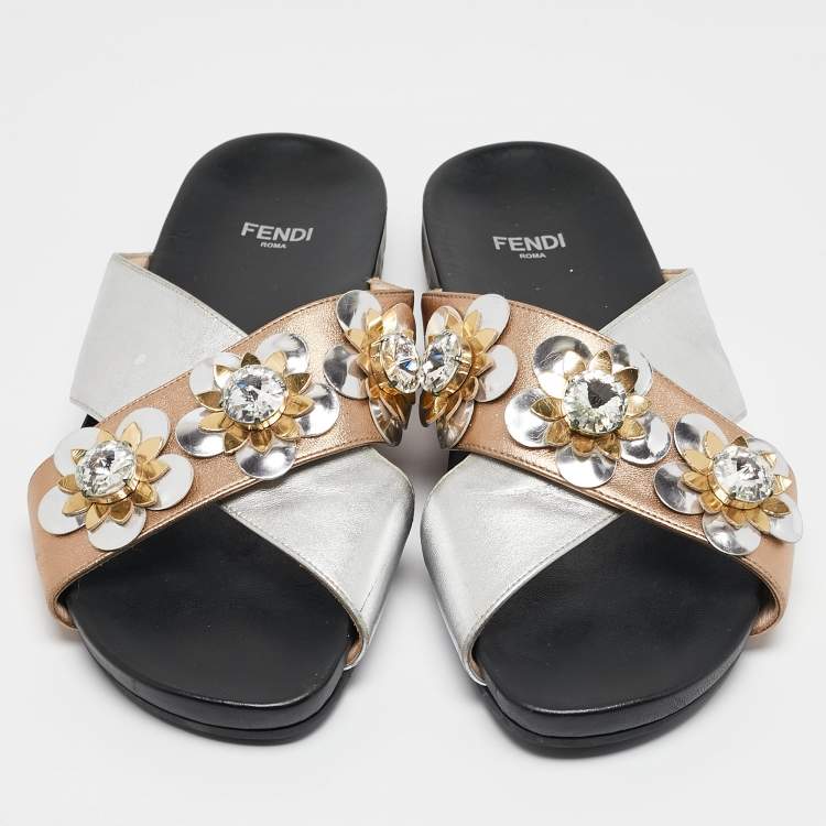 Pre Owned Fendi Silver/Gold Leather Flowerland Slide Flat Sandals Size 37