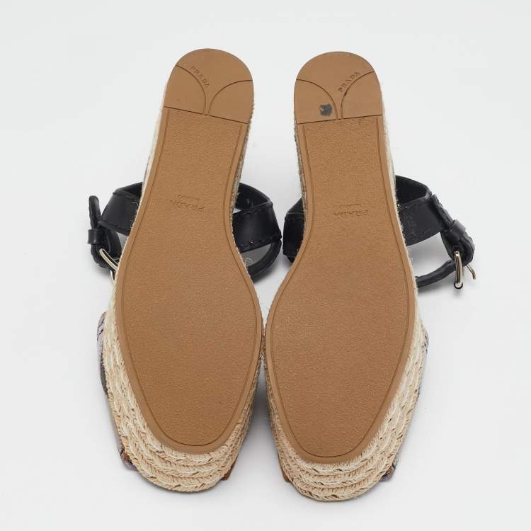 Pre Owned Prada Multicolor Leather and Suede Cork Espadrille Platform Ankle Strap Sandals Size 36