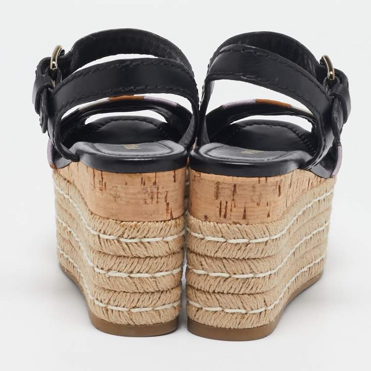 Pre Owned Prada Multicolor Leather and Suede Cork Espadrille Platform Ankle Strap Sandals Size 36