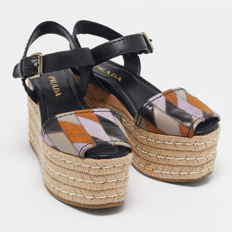 Pre Owned Prada Multicolor Leather and Suede Cork Espadrille Platform Ankle Strap Sandals Size 36