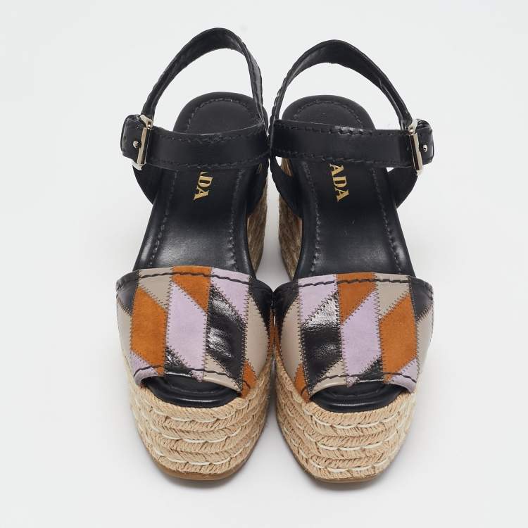 Pre Owned Prada Multicolor Leather and Suede Cork Espadrille Platform Ankle Strap Sandals Size 36