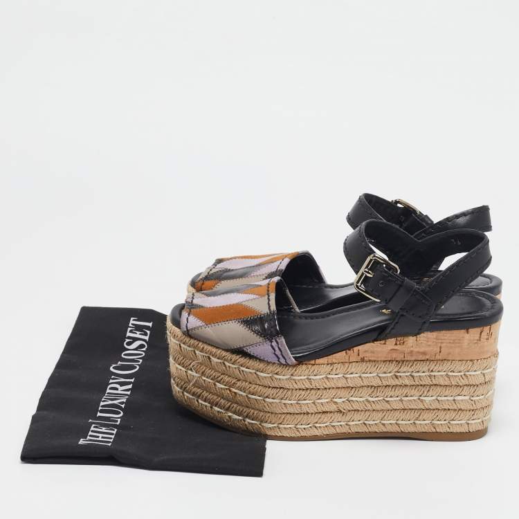 Pre Owned Prada Multicolor Leather and Suede Cork Espadrille Platform Ankle Strap Sandals Size 36