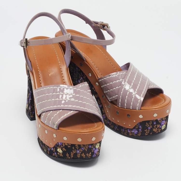 Pre Owned Prada Multicolor Patent Block Heel Ankle Strap Platform Sandals Size 36.5