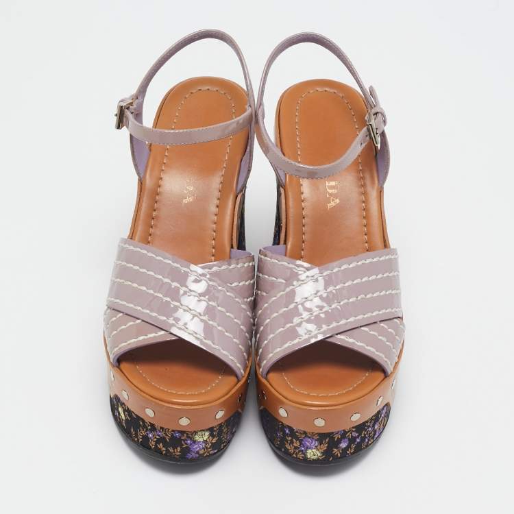 Pre Owned Prada Multicolor Patent Block Heel Ankle Strap Platform Sandals Size 36.5