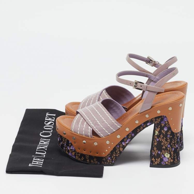 Pre Owned Prada Multicolor Patent Block Heel Ankle Strap Platform Sandals Size 36.5