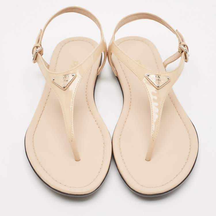 Pre Owned Prada Beige Patent Leather Triangle Logo Thong Flat Sandals Size 37