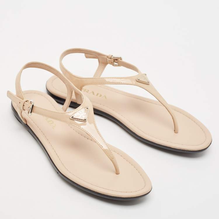 Pre Owned Prada Beige Patent Leather Triangle Logo Thong Flat Sandals Size 37