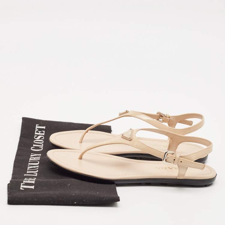 Pre Owned Prada Beige Patent Leather Triangle Logo Thong Flat Sandals Size 37