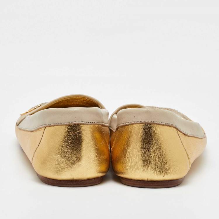 Pre Owned Prada Cream/Gold Leather Slip On Loafers Size 36.5
