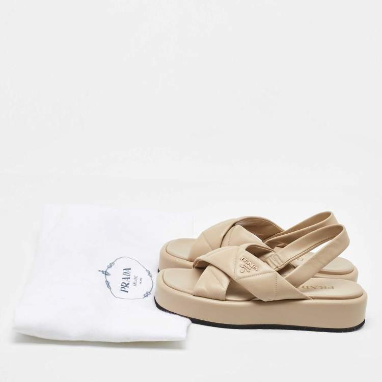 Pre Owned Prada Beige Quilted Leather Slingback Platform Sandals Size 39.5