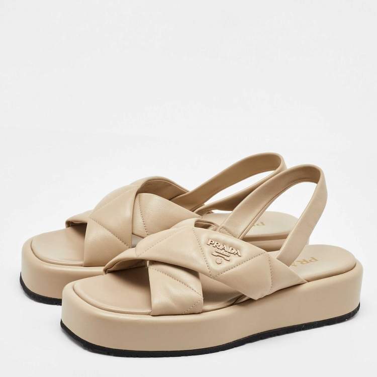 Pre Owned Prada Beige Quilted Leather Slingback Platform Sandals Size 39.5