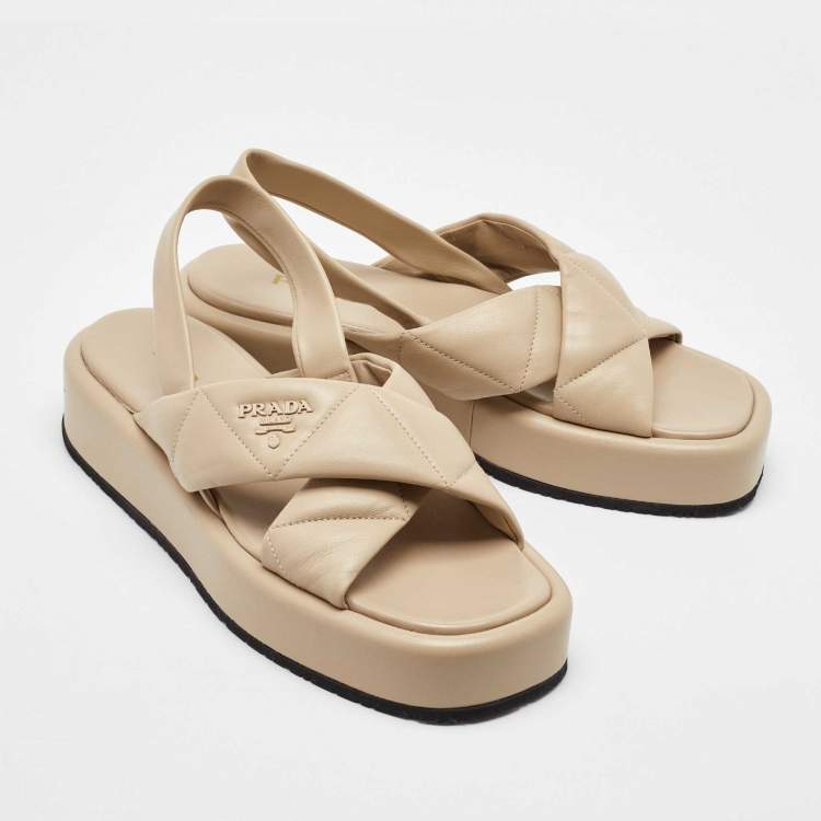 Pre Owned Prada Beige Quilted Leather Slingback Platform Sandals Size 39.5