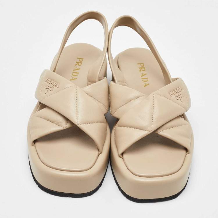 Pre Owned Prada Beige Quilted Leather Slingback Platform Sandals Size 39.5