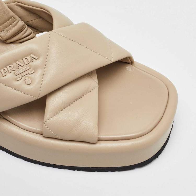 Pre Owned Prada Beige Quilted Leather Slingback Platform Sandals Size 39.5