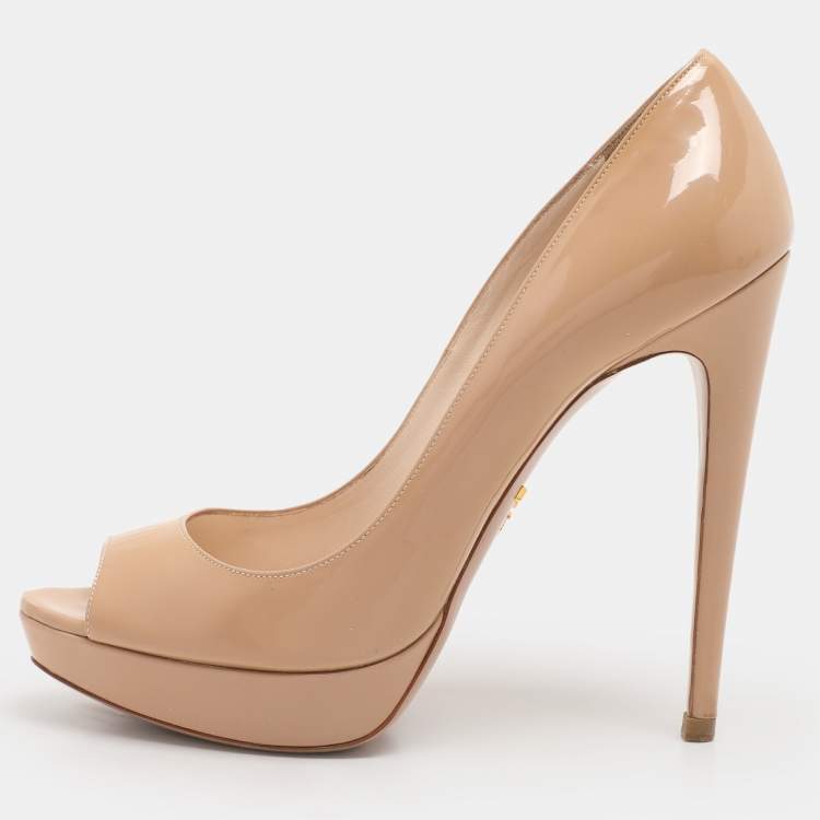 Pre Owned Prada Nude Patent Leather Peep Toe Pumps Size Size 37.5