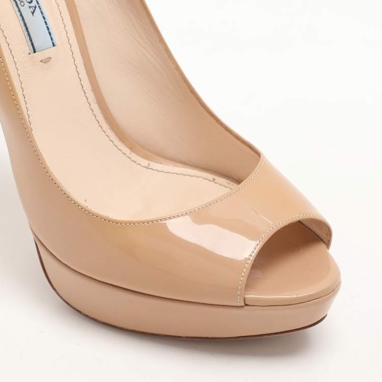Pre Owned Prada Nude Patent Leather Peep Toe Pumps Size Size 37.5