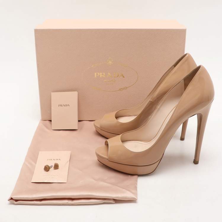 Pre Owned Prada Nude Patent Leather Peep Toe Pumps Size Size 37.5