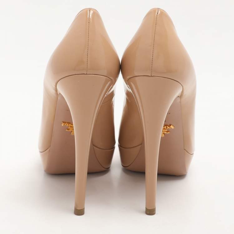 Pre Owned Prada Nude Patent Leather Peep Toe Pumps Size Size 37.5