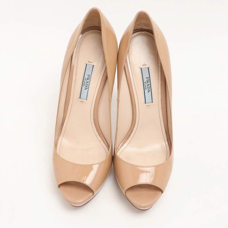 Pre Owned Prada Nude Patent Leather Peep Toe Pumps Size Size 37.5