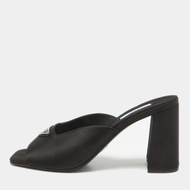 Pre Owned Prada Black Satin Logo Plaque Block Heel Slide Sandals Size 39.5