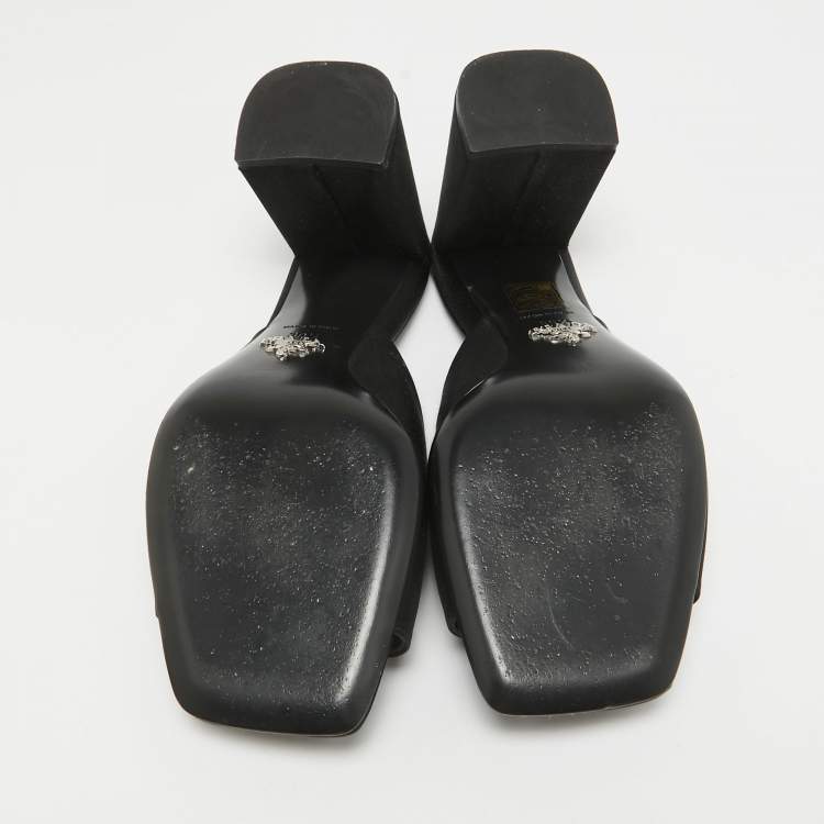 Pre Owned Prada Black Satin Logo Plaque Block Heel Slide Sandals Size 39.5