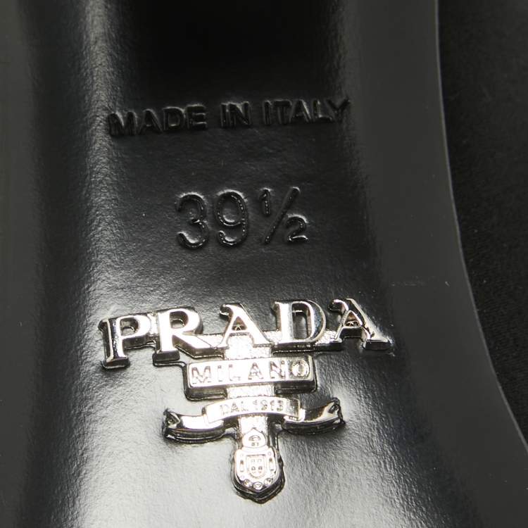 Pre Owned Prada Black Satin Logo Plaque Block Heel Slide Sandals Size 39.5