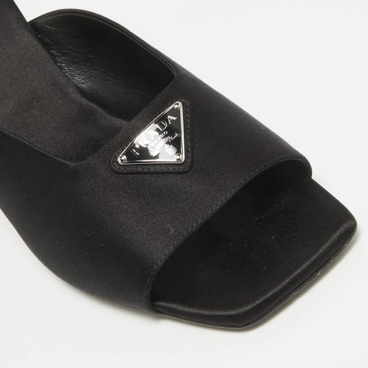 Pre Owned Prada Black Satin Logo Plaque Block Heel Slide Sandals Size 39.5