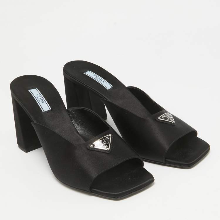 Pre Owned Prada Black Satin Logo Plaque Block Heel Slide Sandals Size 39.5