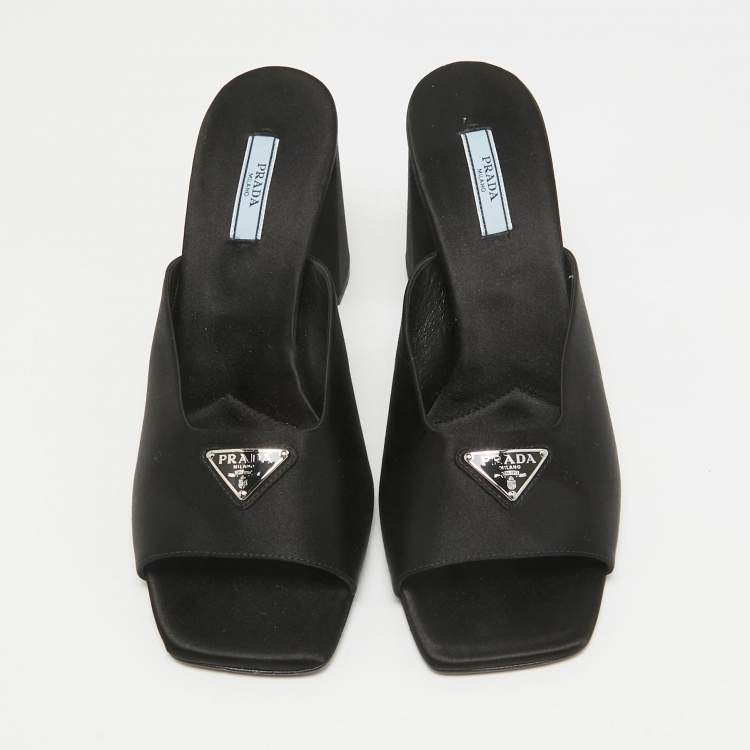 Pre Owned Prada Black Satin Logo Plaque Block Heel Slide Sandals Size 39.5