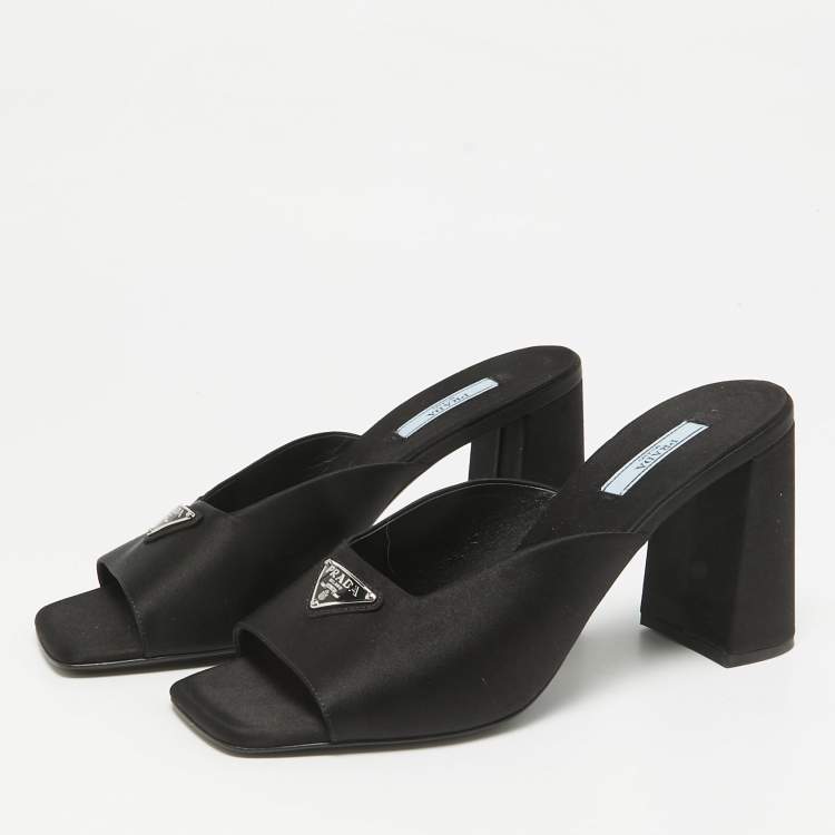 Pre Owned Prada Black Satin Logo Plaque Block Heel Slide Sandals Size 39.5