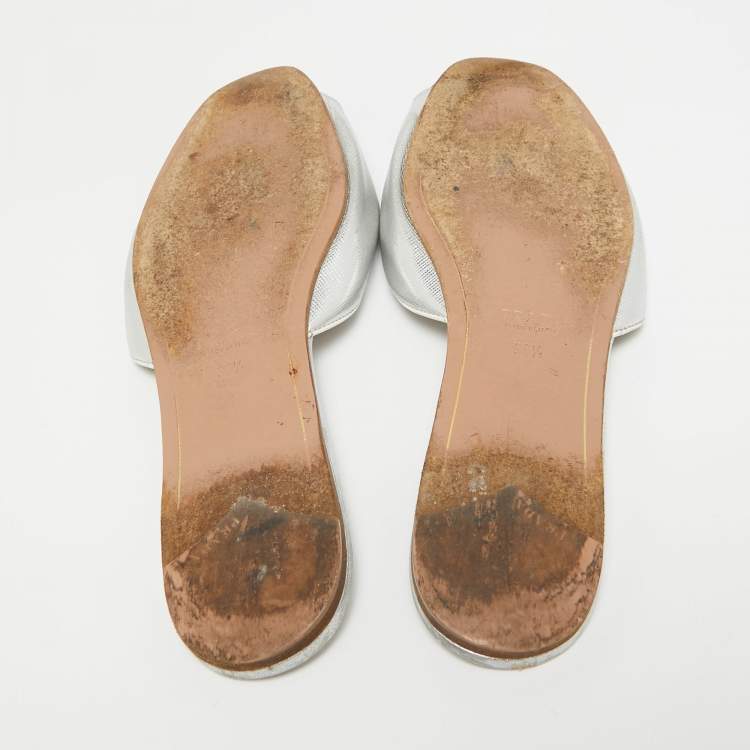 Pre Owned Prada Silver Saffiano Leather Slide Flats Size 38.5