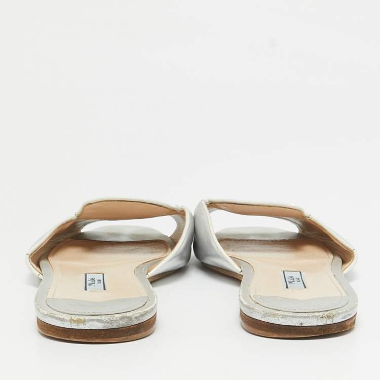 Pre Owned Prada Silver Saffiano Leather Slide Flats Size 38.5