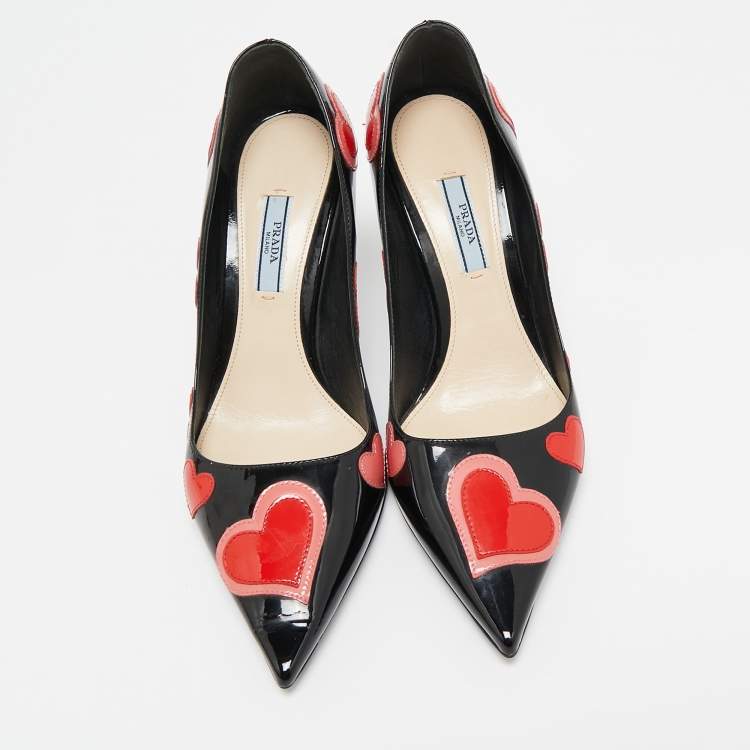 Pre Owned Prada Black Patent Leather Love Printed Pointed Toe Pumps Size 38.5