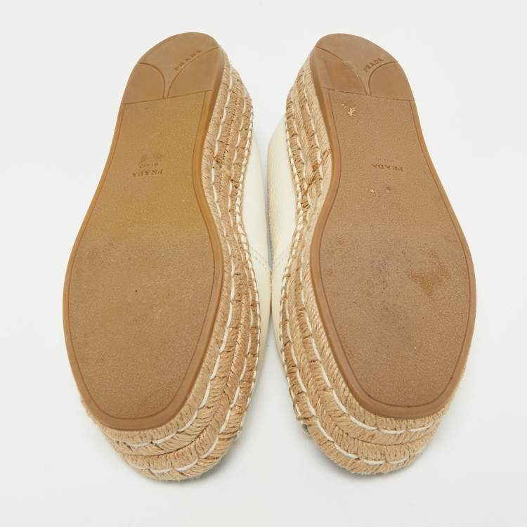 Pre Owned Prada Cream Leather Open Toe Platform Espadrilles Size 36.5