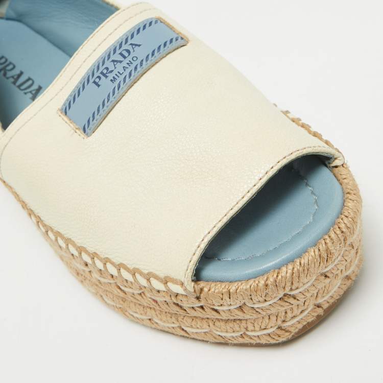 Pre Owned Prada Cream Leather Open Toe Platform Espadrilles Size 36.5