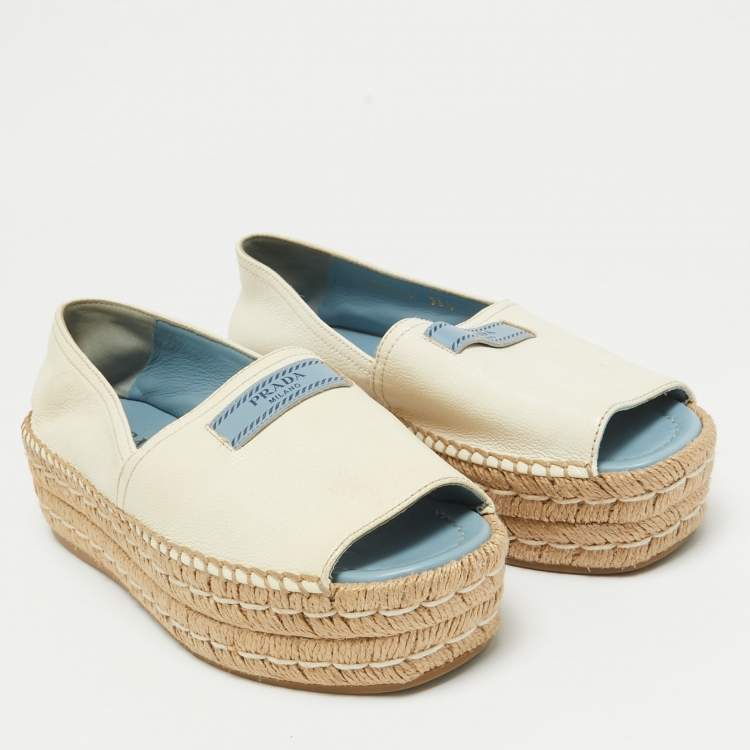 Pre Owned Prada Cream Leather Open Toe Platform Espadrilles Size 36.5