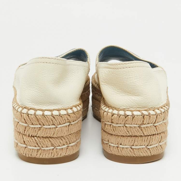 Pre Owned Prada Cream Leather Open Toe Platform Espadrilles Size 36.5
