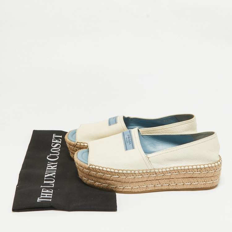 Pre Owned Prada Cream Leather Open Toe Platform Espadrilles Size 36.5