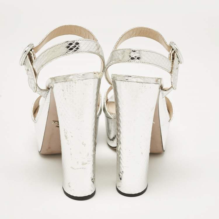 Pre Owned Prada Silver Python Embossed Leather Platform Ankle Strap Sandals Size 39