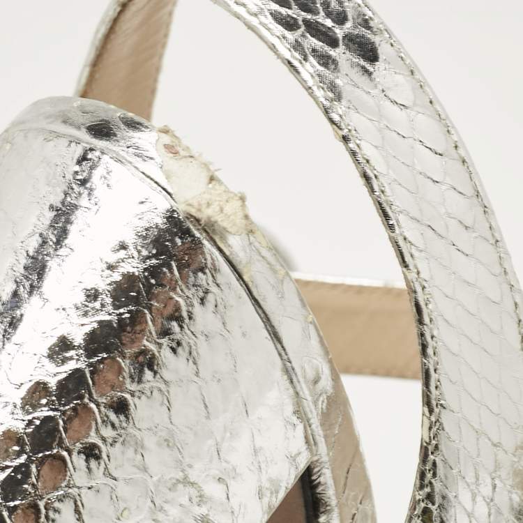 Pre Owned Prada Silver Python Embossed Leather Platform Ankle Strap Sandals Size 39