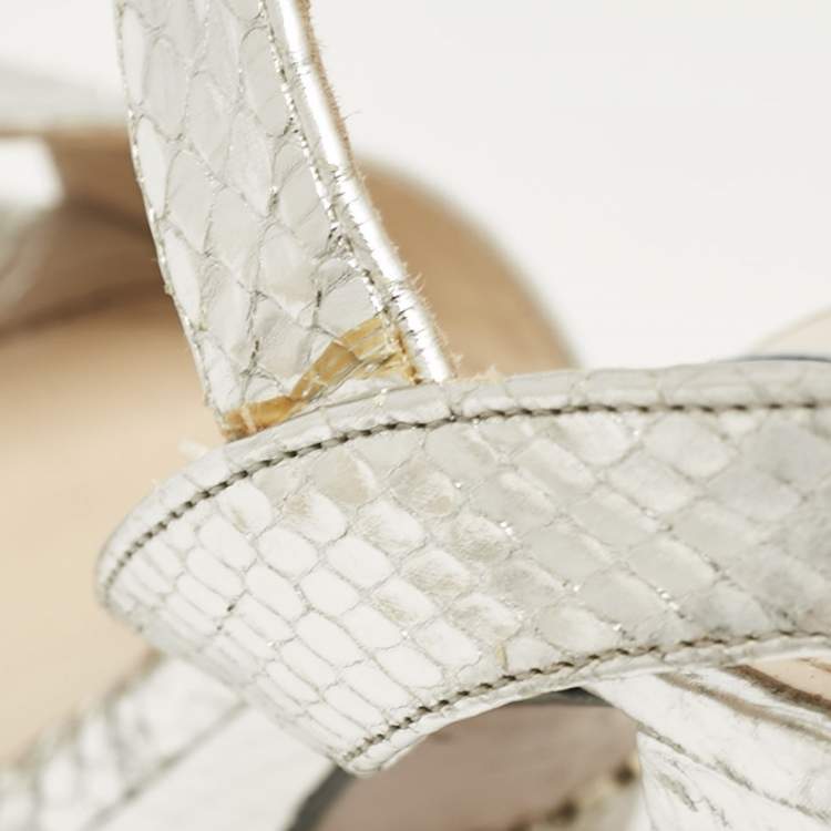 Pre Owned Prada Silver Python Embossed Leather Platform Ankle Strap Sandals Size 39