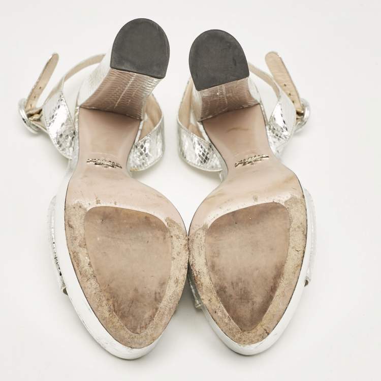 Pre Owned Prada Silver Python Embossed Leather Platform Ankle Strap Sandals Size 39