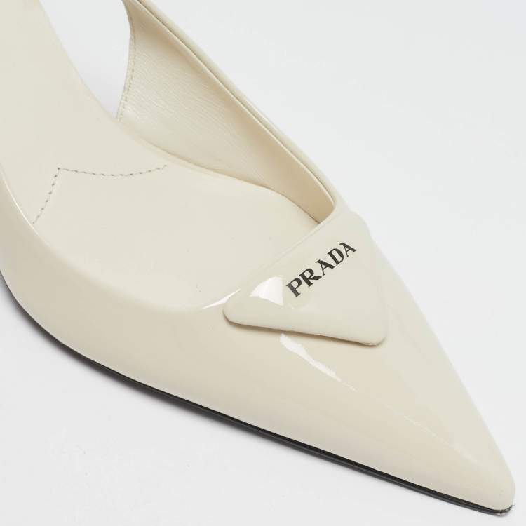 Pre Owned Prada Ivory Patent Leather Slingback Pumps Size 38.5