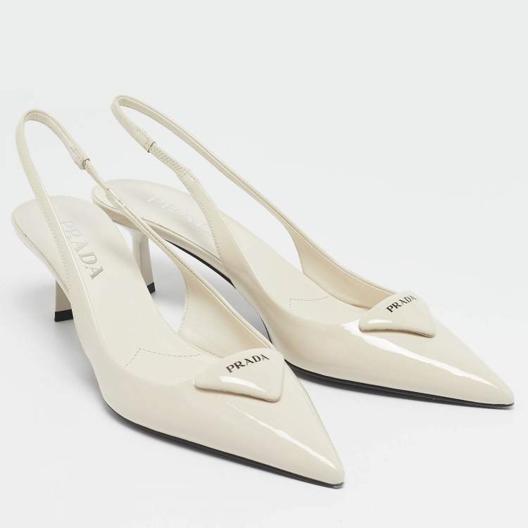 Pre Owned Prada Ivory Patent Leather Slingback Pumps Size 38.5