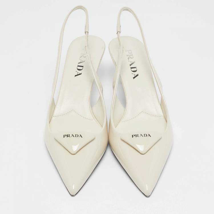 Pre Owned Prada Ivory Patent Leather Slingback Pumps Size 38.5