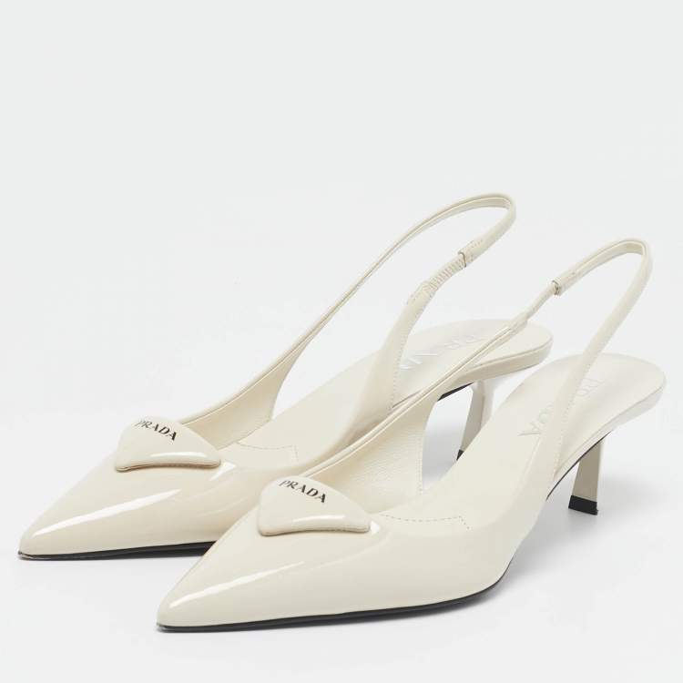 Pre Owned Prada Ivory Patent Leather Slingback Pumps Size 38.5