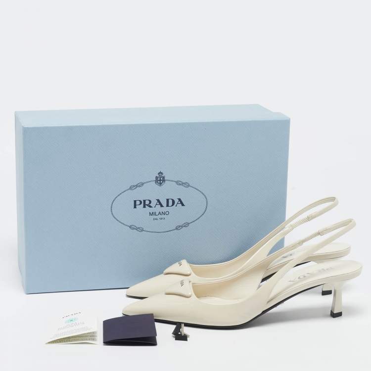 Pre Owned Prada Ivory Patent Leather Slingback Pumps Size 38.5