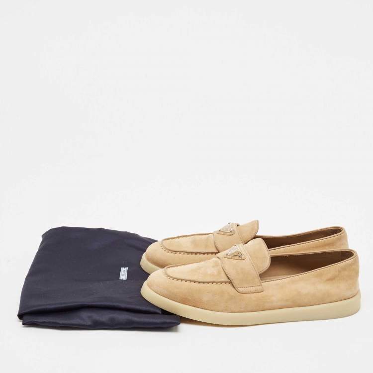 Pre Owned Prada Beige Suede Logo Plaque Slip On Loafers Size 39