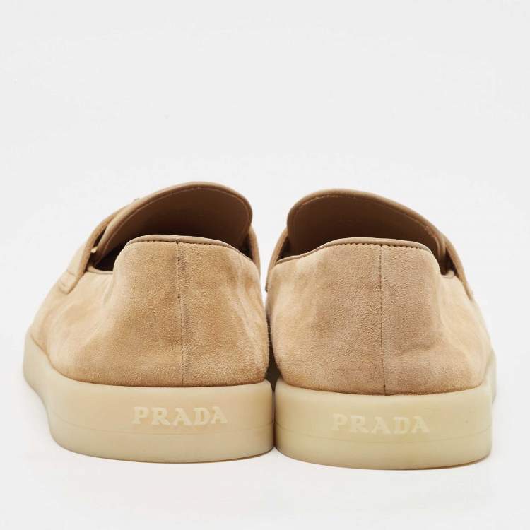 Pre Owned Prada Beige Suede Logo Plaque Slip On Loafers Size 39