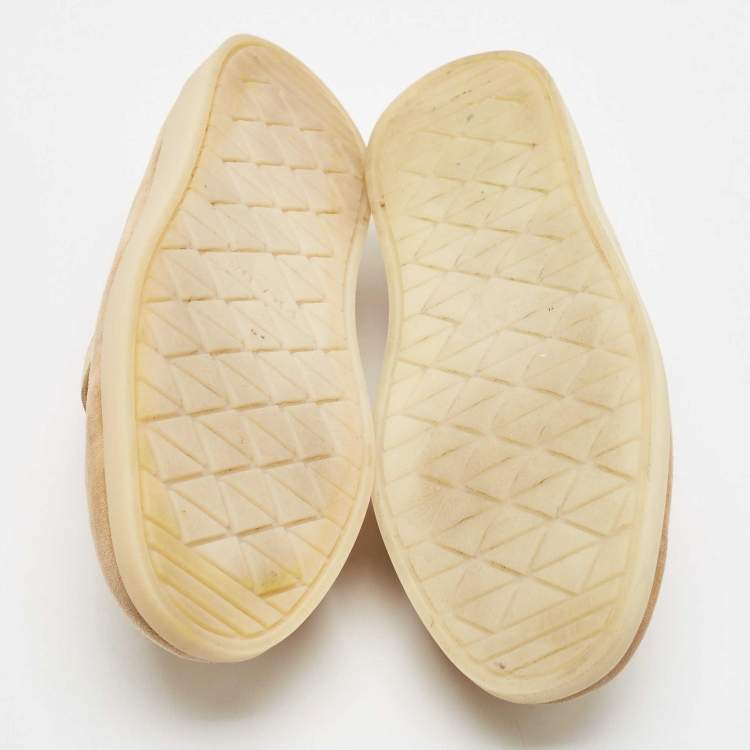 Pre Owned Prada Beige Suede Logo Plaque Slip On Loafers Size 39